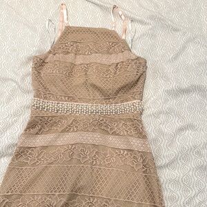 Pink long lace dress.